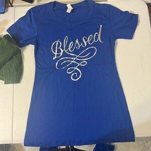 “Blessed” Blue Graphic Tee – Size Small – Metallic Silver Print – NWT